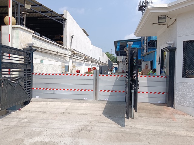 H-Frame flood barrier at the Airtel Data Centre entry gate, Jalandhar, viewed from outside