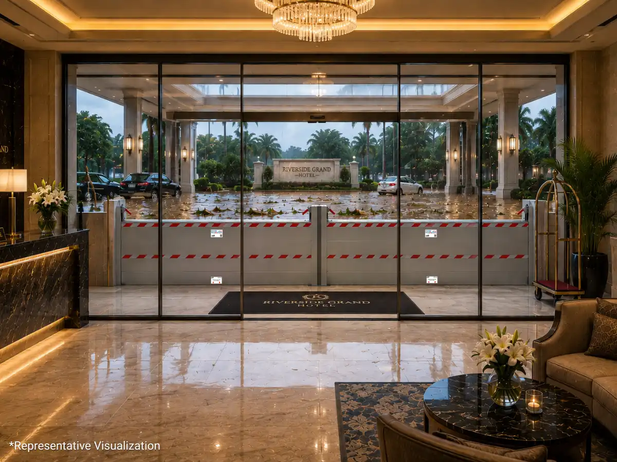 H-Frame flood barrier concept for hotel lobby entrance