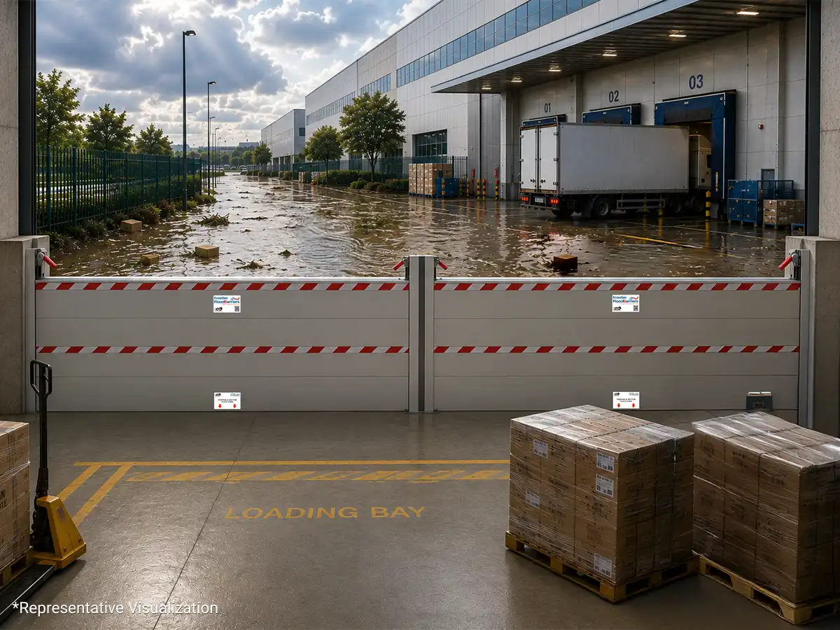 H-Frame flood barrier concept for shopping mall loading gate