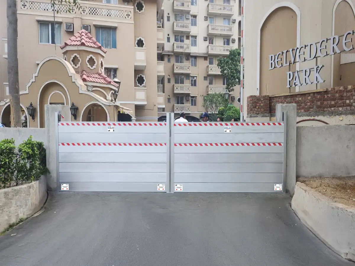 H-Frame flood barrier at Belvedere Park residential gate, Gurugram